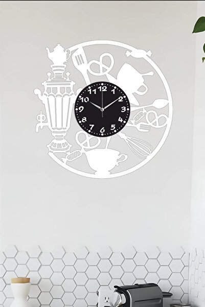 Ensa Design Cafe Duvar Saati Semaver Mutfak Saati- Ahşap Mutfak Duvar Saati 40cm