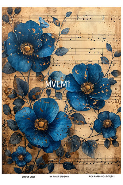 LİNEART Mavi, Çiçek Deseni Mavi Serisi Pirinc Dekopaj Kagıdı  29X42cm No:MVLM1
