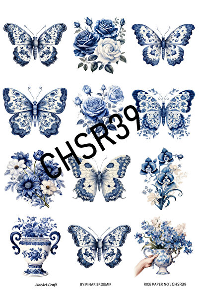LİNEART Chino, Mavi Beyaz Kelebek Deseni Chino Serisi Pirinc Dekopaj Kagıdı  ...