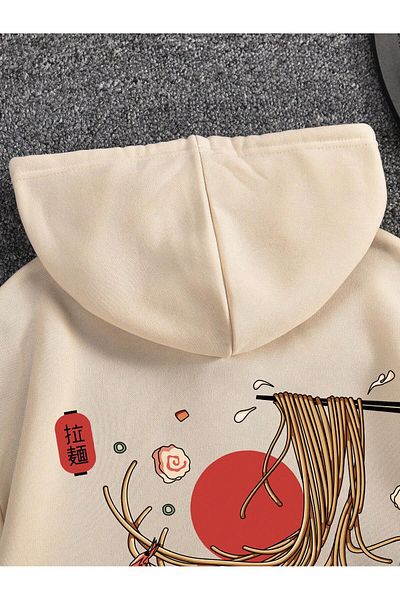 aynewmoda Japonia - Hanorac cu glugă supradimensionat ecru cu imprimeu Ramen Pasta