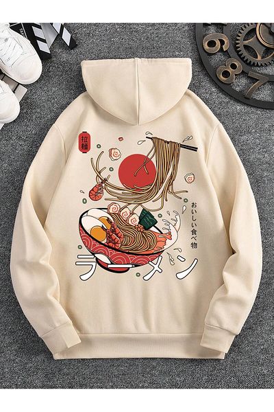 aynewmoda Japonia - Hanorac cu glugă supradimensionat ecru cu imprimeu Ramen Pasta