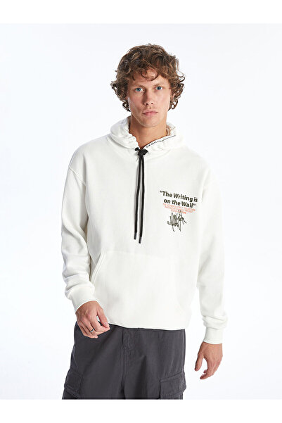 LC Waikiki Ανδρικό φούτερ με κουκούλα LCW Ecru - Casual, μακρυμάνικο και με στάμπα