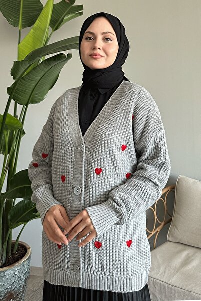 InStyle Šedý pletený cardigan - se vzorem srdce