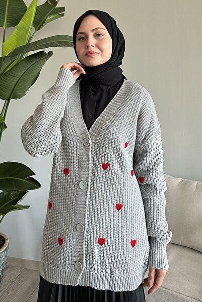 InStyle Šedý pletený cardigan - se vzorem srdce