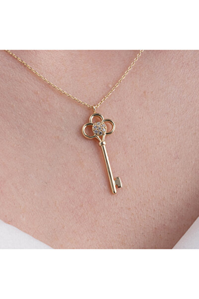 FasekGold Altın Kolye - Taşlı Büyük Aşk Anahtar Figürlü 14 Ayar Altın Kolye