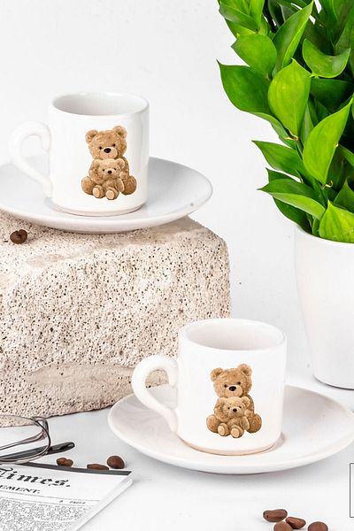 ATÖLYE247 Cute Teddy Bear Design 2-Piece Cup Set