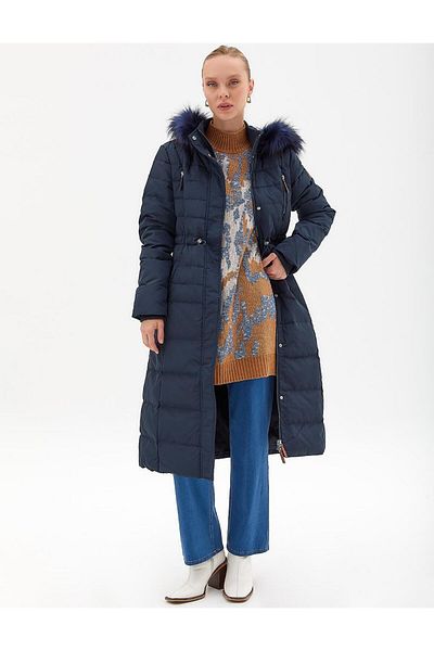Kayra Goose Feather Filled Long Coat Navy Blue
