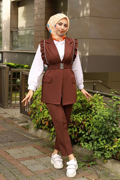 Moda Palmiss Women's Bitter Brown Belt Detailed Hijab Set