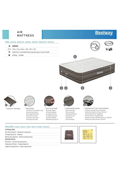 BESTWAY 69050 Çift Kişilik Şişme Yatak 203x152x46 Cm - Elektrikli Pompalı