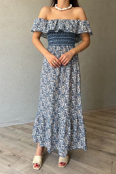 Seda Yalçın Atelier Blue Madonna Collar Patterned Gimped Dress