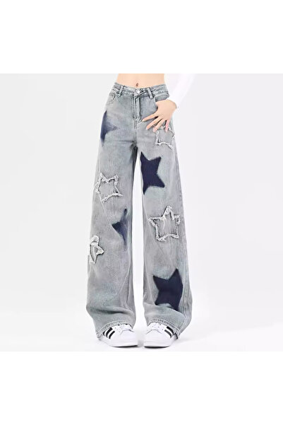 DENİKK Y2k Trend Yıldız Detay Retro Unisex Kot Pantolon/stars Jean Pantolon