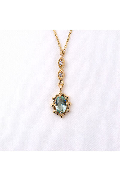FasekGold Altın Kolye - Vintage Tasarım Sallantılı Oval Su Yeşili Taşlı Zirko...