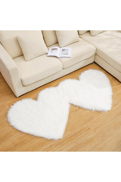 Sarar Seria Halı Kalp Post Peluş Halı Kar Beyaz Kalpli Halı