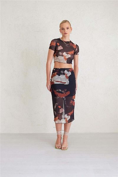 Avrile Beige Patterned Women's Tulle Skirt