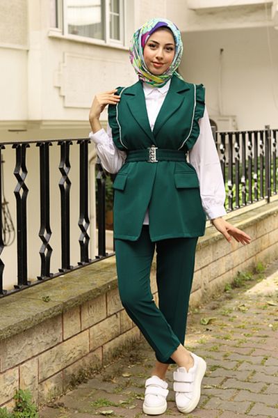 Moda Palmiss Women's Emerald Green Belt Detailed Hijab Set