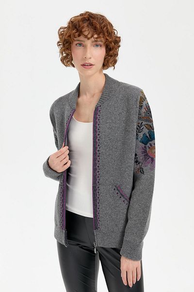 Desen Triko Smoke Colored Flower Patterned Women's Wool Jacket - Prevailing Collar