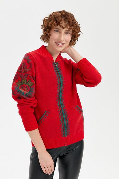 Desen Triko Coral Colored Flower Patterned Prevailing Collar Women's Wool Jacket