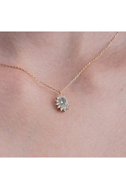 FasekGold Altın Kolye - Green Topaz 0.90 CT Yeşim Taşı 0,24 CT Pırlanta (Sign...