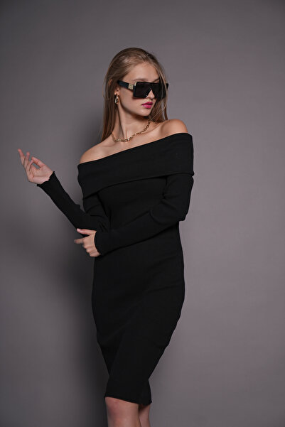 PONÇİK Μαύρο φόρεμα καμιζόλας Bodycon - Λαιμόκοψη καγιάκ 22542
