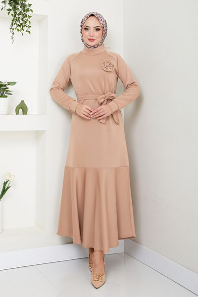 ModaMerve Rochie cu broșă colorată latte - 4706ZNK903-M