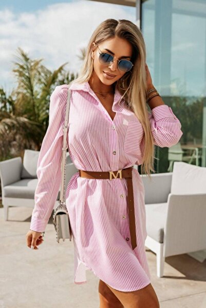 Mossta Pink Striped Terikoton Shirt Dress - Pocket Detailed