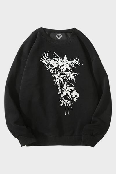EFBUTİK Black 3 Thread Raised Skull Star Sweatshirt