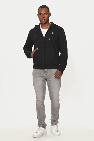 Guess Erkek GJ İnce Fermuar Kapüşonlu Sweatshirt - Siyah