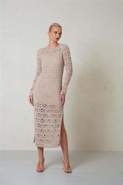 Avrile Beige Colored Openwork Women's Long Slit Dress