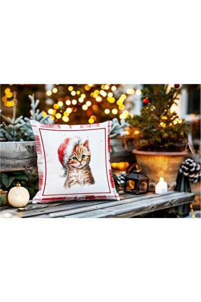 Evmila Yılbaşı Temalı Kedi DesenliKadife Kırlent Kılıfı 43x43 cm - Dekoratif ...