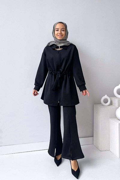 Ka Hijab Necklace Detail Scuba Suit - Black