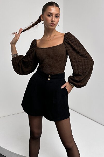 LB Laluna Butik Γυναικεία μπλούζα με τετράγωνο λαιμό και μανίκι ελαστικό ύφασμα