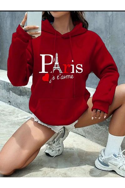 Medinenur Суитшърт с качулка и джоб с щампа Paris Jet Avme