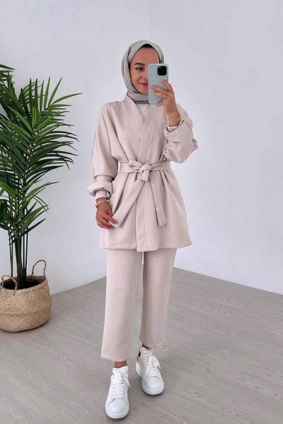 Ka Hijab Beige Scuba Fabric - Glitter Piping Kimono Set