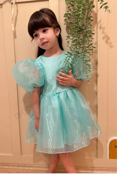penu baby kids Green Shiny Janjan Balloon Sleeve Girl's Dress - Shiny