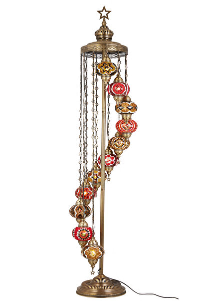 Demmex El Yapımı Otantik Mozaik Renkli Cam Lambader Taban Lambası Ayaklı Lambader 11 Camlı 2.1 Metre