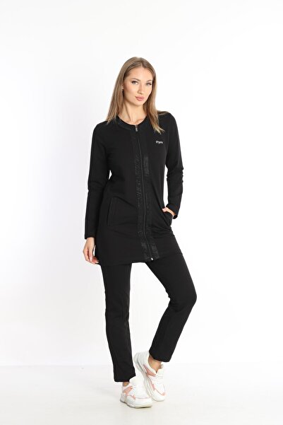 Women's Black Two Thread Fabric Crew Neck Gemstone Beaded Zippered Tunic Set with Pockets - 7461