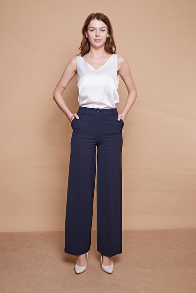 Jument Yüksek Bel Yan Cepli Bol Paça Palazzo Pantolon -Lacivert