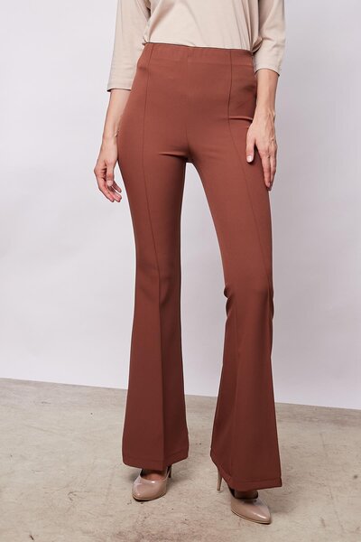 Jument Yüksek Bel Ön Arka Dikişli İspanyol Paça Tayt Likralı Kumaş Pantolon-Koyu Taba