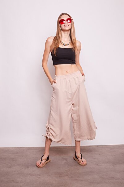 Jument Inner Show-Through Viscose Poplin High Waist Wide Leg Drawstring Trousers - Beige