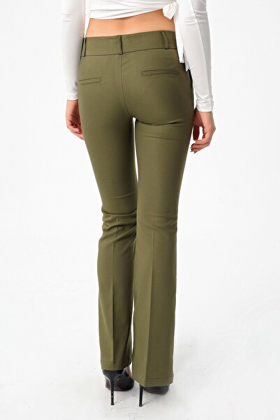 Jument Kalın Kemerli Cepli Ispanyol Bol Paça Likralı Kumaş Pantolon-haki