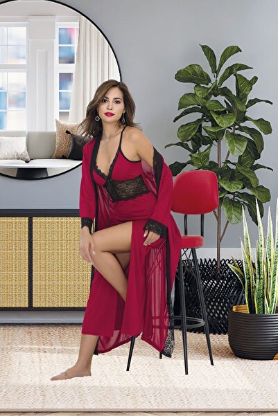 İzabel طقم قميص نوم طويل من الدانتيل باللون العنابي وروب شفاف للنساء - بحمالا...