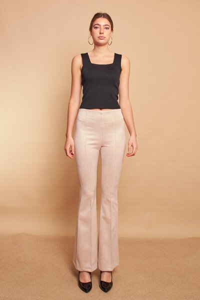 Jument Suede Stretch Fabric Fabric High Waist Front and Back Stitched Isanyol Leggings Trousers-Stone