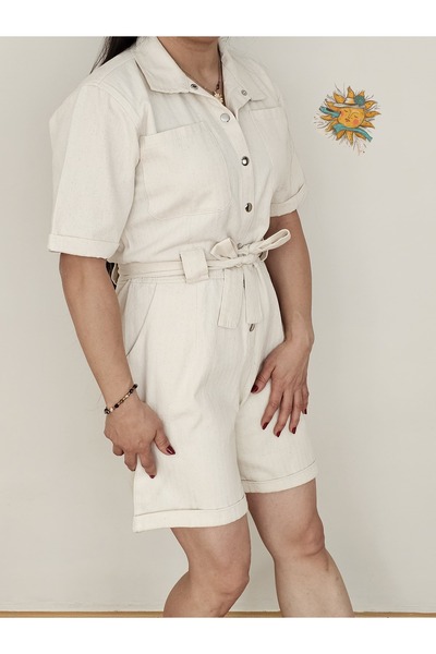 GüneşIşığı Keten Tulum Cepli Model