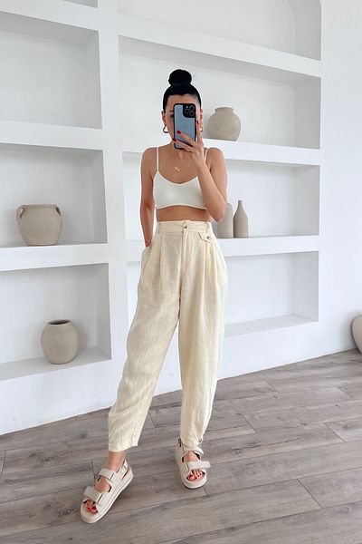 Seda Yalçın Atelier Beige Buttoned Linen Shalwar Trousers