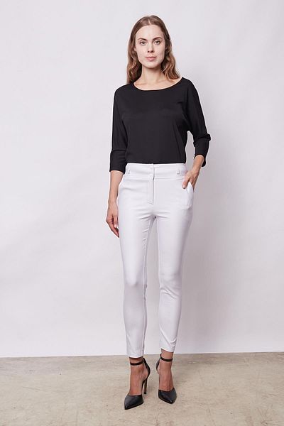 Jument High Waist White Cotton Lycra Fabric - Thick Belt and Pocket Trousers