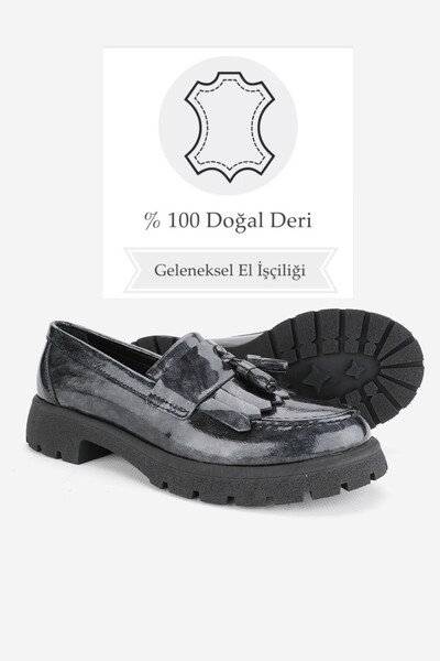 TUNAELLİ KADIN GRİ RUGAN HAKİKİ DOĞAL DERİ 36-41 NUMARA PÜSKÜLLÜ LOAFER AYAKKABI
