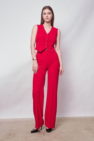 Jument Pantaloni roșii din crepon din Lycra - Talie cusută și cauciuc, picior lat