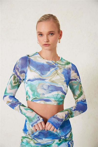 Avrile Blue Patterned Women's Tulle Blouse