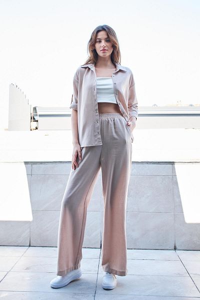 Jument Linen High Waist Elastic Waist Side Pocket Wide Leg Trousers - Stone