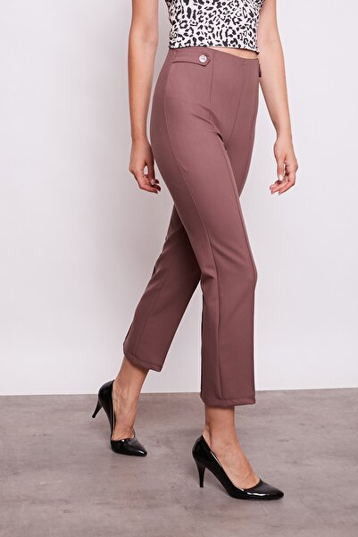 Jument Γυναικείο υφασμάτινο παντελόνι με ψηλή μέση, ραμμένο μπροστά, με κουμπιά και λουράκια στη μέση - Καφέ γαλακτώδες